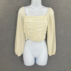Love‎ Tree Top Sz S Cream Ruched Square Neck Bohemian Cropped Blouse Peasant